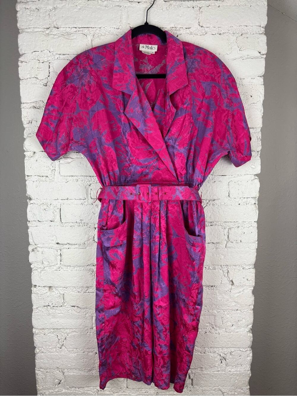 Vintage St. Malo Silk Fuchsia and Purple Floral Belted Dress